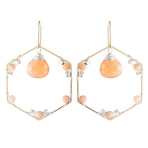 NATURAL STONE BEADED HEXAGON DROP EARRINGS Peach / Orange